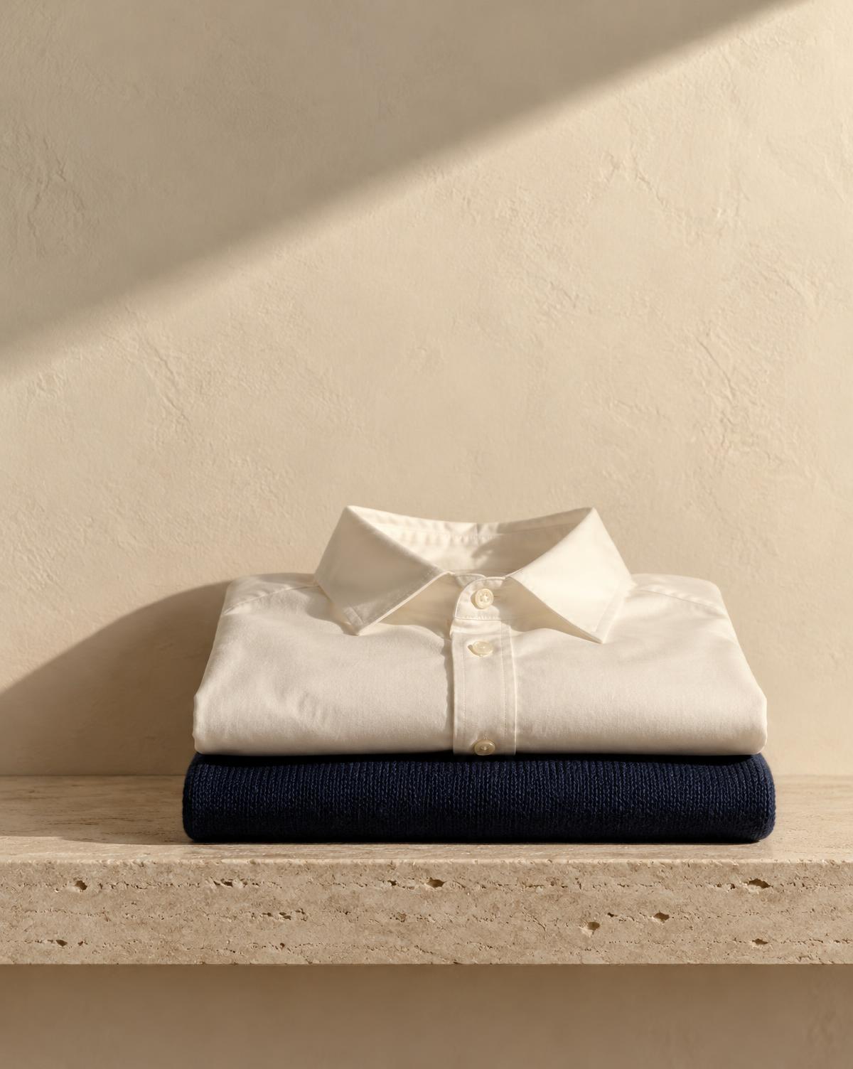 An ivory shirt and a navy knit folded on a pale stone shelf in warm daylight